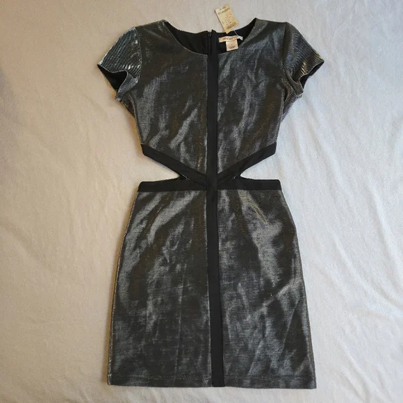 Arden B Metallic 90s Y2K Silver Cutout Black Trim Mini Dress NAT1 - Picture 1 of 11
